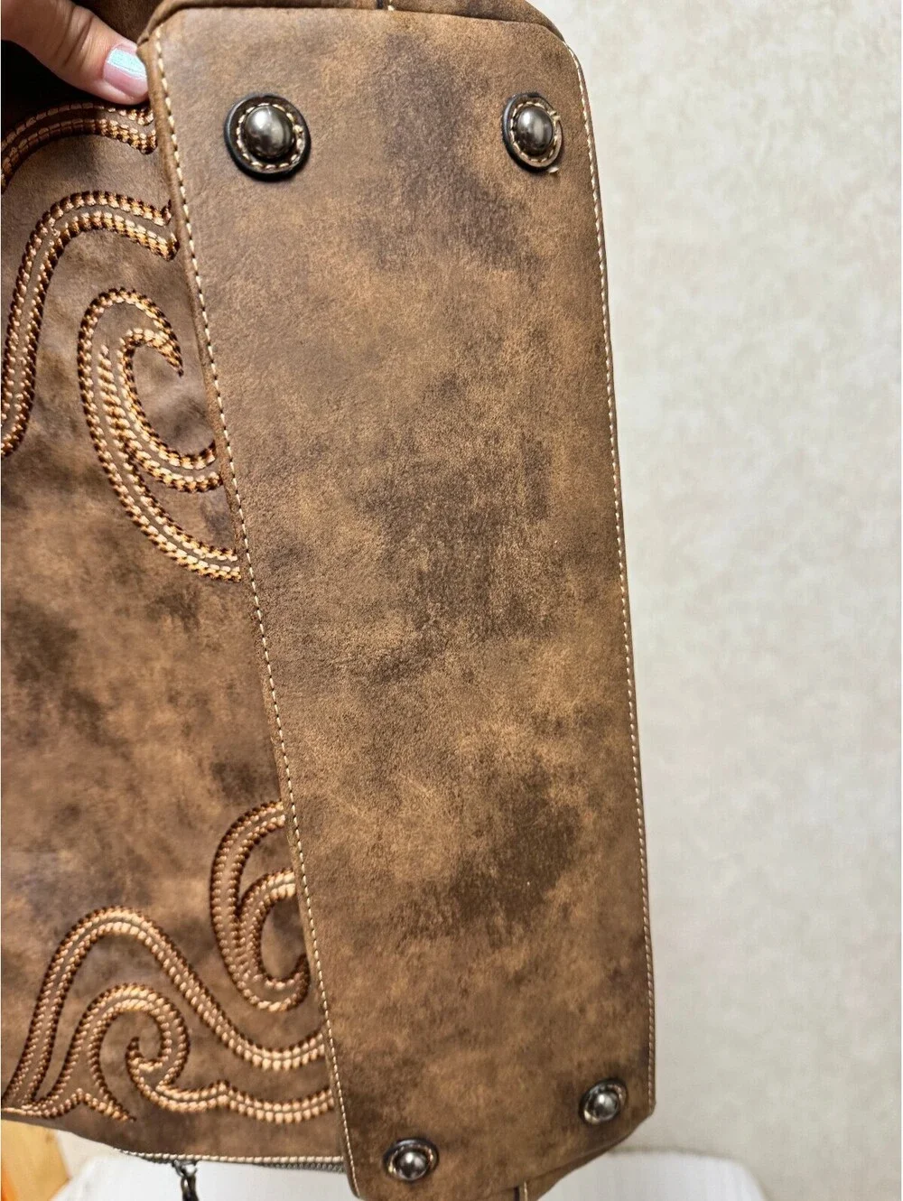 Tony Lama Brown Leather Western Boot Stitch Shoulder Bag Tote Tassel Large